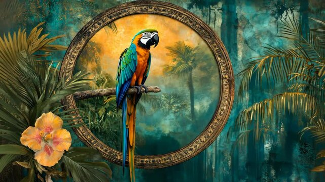 Colorful macaw perched on a branch surrounded by tropical foliage in a vibrant jungle setting