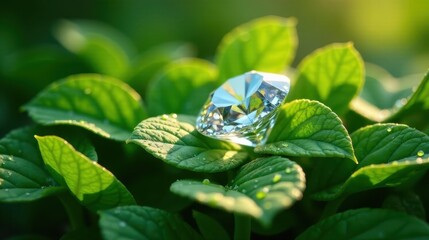 A sparkling gemstone rests gently on lush green foliage, illuminated by the soft glow of morning sunlight, showcasing the beauty of nature's artistry and the allure of precious stones.