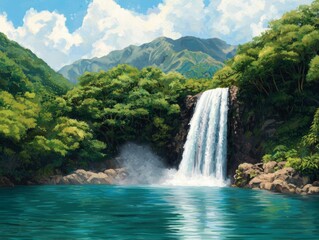 Fototapeta premium Serene waterfall cascading into calm lake.