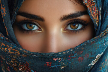 Captivating gaze of a woman in a patterned headscarf with striking brown eyes