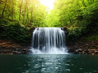 Obraz premium Serene waterfall in lush green forest.