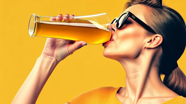 Woman Holding Beer Glass on Vivid Orange Background Wearing Sunglasses in Trendy Retro Style Collage with Bold Colors and Contrast Perfect for Summer Themes and Creative Designs