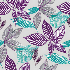 A vibrant pattern featuring various stylized leaves in shades of purple and teal.