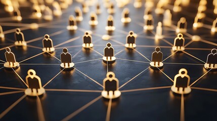 Simple and clean 3D design of digital connections forming a network, business icons interconnected by glowing lines, soft light illuminating the scene, dark background with space for copy, minimalist