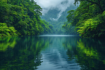 Tranquil waters reflect lush greenery in a serene forest landscape at dusk