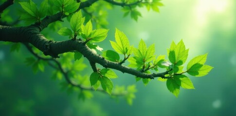 Fototapeta premium Vibrant Spring Branch with Fresh Green Leaves Illuminated by Soft Sunlight, a Symbol of Renewal and Growth