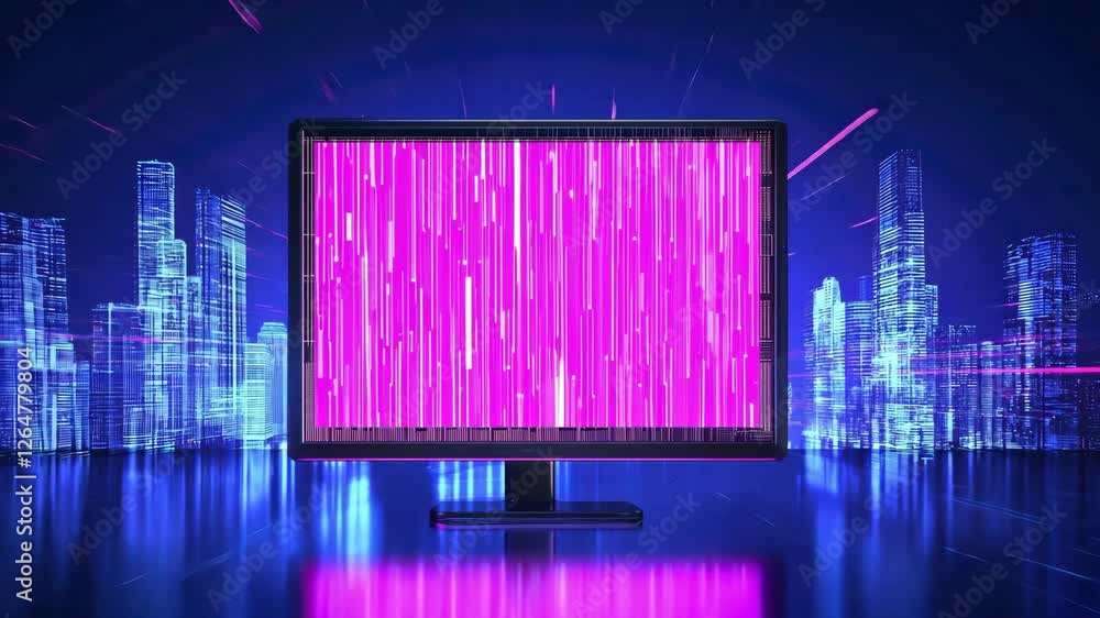 Poster futuristic cityscape with vibrant pink vertical lines on digital monitor modern technological atmosp