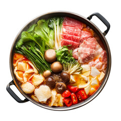Delicious hot pot filled with fresh vegetables, meats, and mushrooms, showcasing vibrant colors and textures, perfect for sharing and enjoying with friends