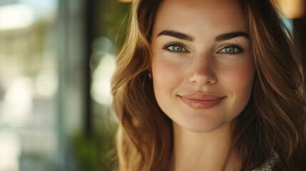 Fototapeta premium A young woman with a warm smile gazes confidently at the camera, showcasing her natural beauty in a bright, inviting environment.