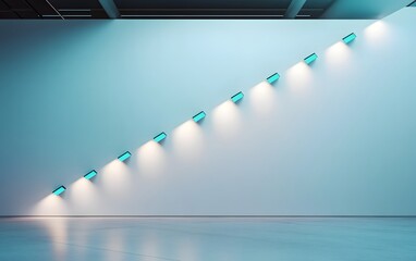A diagonal white wall illuminated by six cyan spotlights in a futuristic space with seamless lighting that transitions softly across the room.
