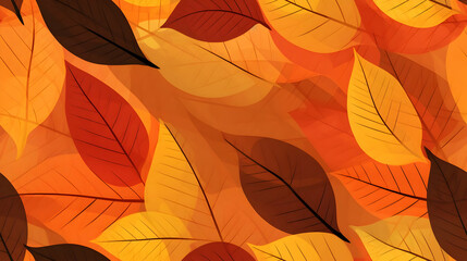 A vibrant pattern of autumn leaves in warm colors of orange, yellow, and brown.