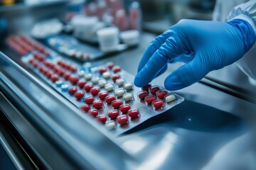 Close up of pharmacist wearing blue gloves inspecting quality of red and white pills in blister pack on production line in pharmaceutical factory