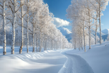 Obraz premium Snow-covered trees line a serene pathway in a tranquil winter landscape