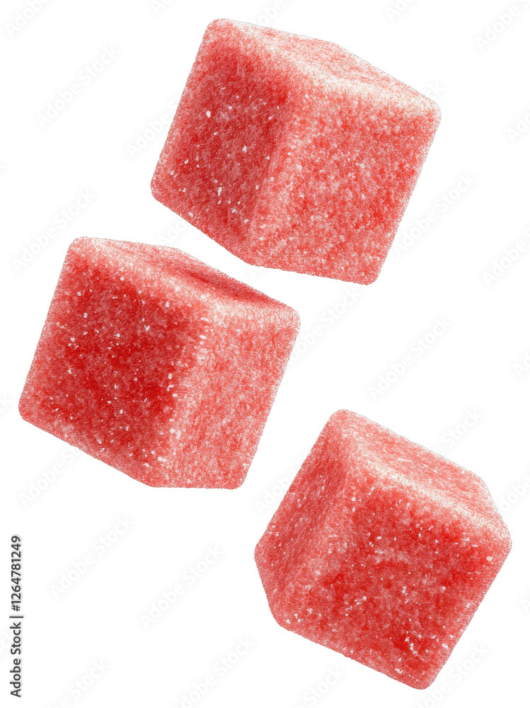 Poster three red sugared cube candies floating on a transparent transparent background