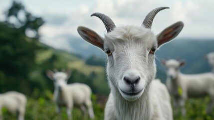 Obraz premium Portrait Of White Goat With Horns In Green Field