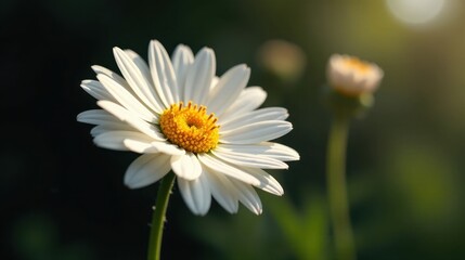 A solitary daisy basking in the warm glow of sunlight, its delicate petals unfurling in the gentle breeze, a symbol of purity and natural beauty amidst a softly blurred background