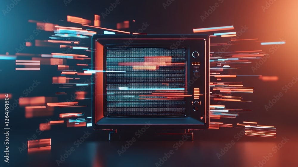 Poster retro fuzzy television screen with chaotic motion blur effect and vibrant colorful background
