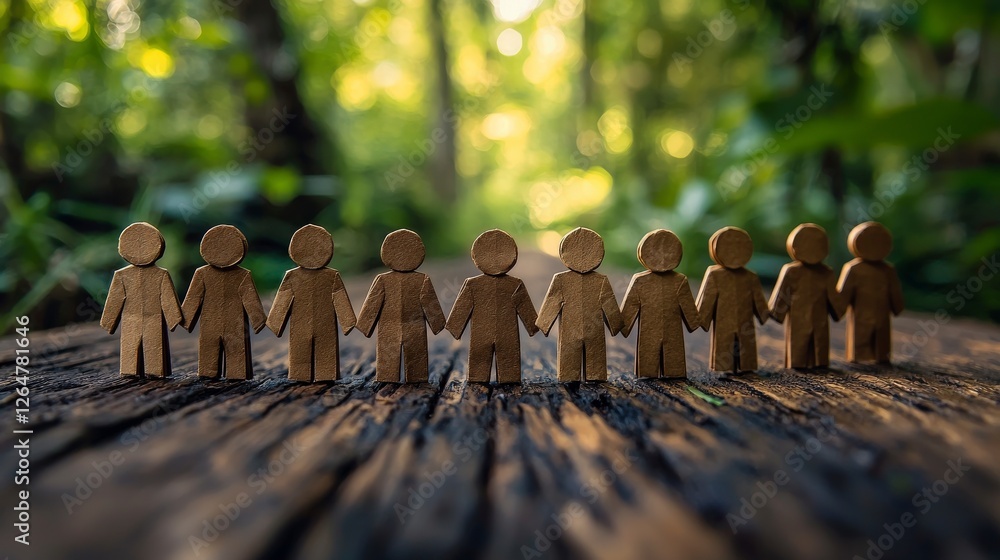 Poster a display of brown paper figures holding hands in a serene natural setting, illustrating themes of c