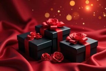Elegant Black Gift Boxes with Red Rose Accents on Luxurious Red Fabric