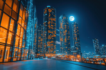 City skyline at night showcases illuminated towers and a bright moon in a serene urban setting