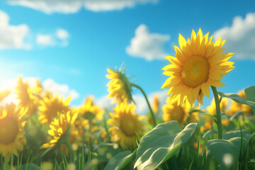 Sunflowers field gently swaying in the wind under a bright blue sky with fluffy clouds, creating a peaceful and vibrant summer scene