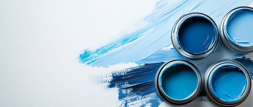 Vivid shades of blue paint cans arranged in a creative flat lay with brush strokes on a white background, perfect for design inspiration