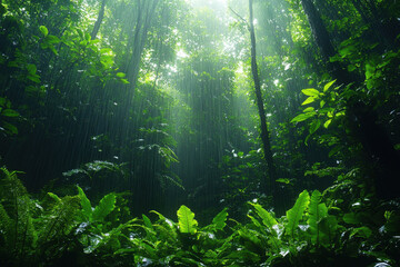 Fototapeta premium Majestic rainforest drenched in rain with lush greenery and vibrant ferns during a tranquil afternoon