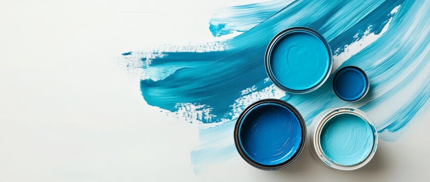 Vivid shades of blue paint cans arranged in a creative flat lay with brush strokes on a white background, perfect for design inspiration
