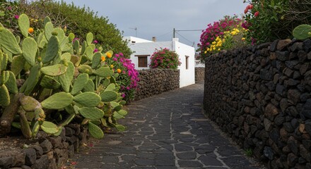 Obraz premium Walking Path in Lanzarote with Volcanic Walls, Cactus and Flowers