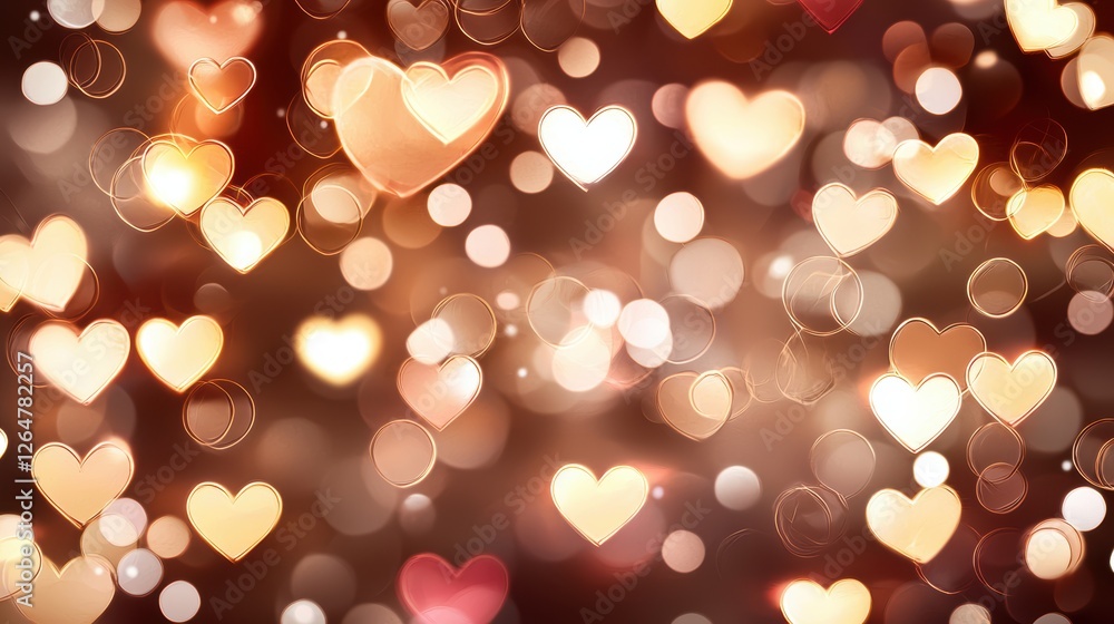 Poster elegant dreamy hearts on dark backdrop with soft bokeh lights and floating elements
