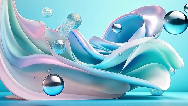 Liquid Dreamscape: Abstract pastel waves flow and swirl, interspersed with iridescent spheres, creating a visually stunning and surreal dreamscape.