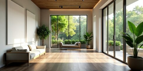 Fototapeta premium Serene Modern Living Room with Expansive Glass Walls and Natural Light Illumination
