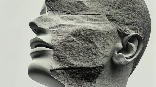 Sculpture of a face merging with stone texture in a modern art gallery setting