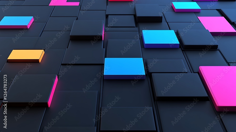 Poster 3d render of abstract background with colorful neon cubes on black surface. modern, futuristic desig