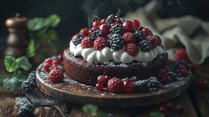 Steaming chocolate cake topped with whipped cream and berries.