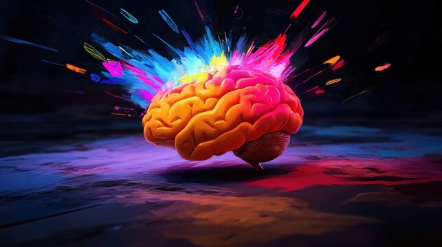 Colorful brain exploding with ideas, dark background, creative concept