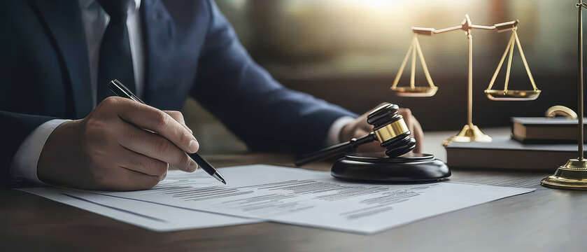 A professional in a suit reviews legal documents with a gavel and scales of justice on the table, symbolizing law and order.