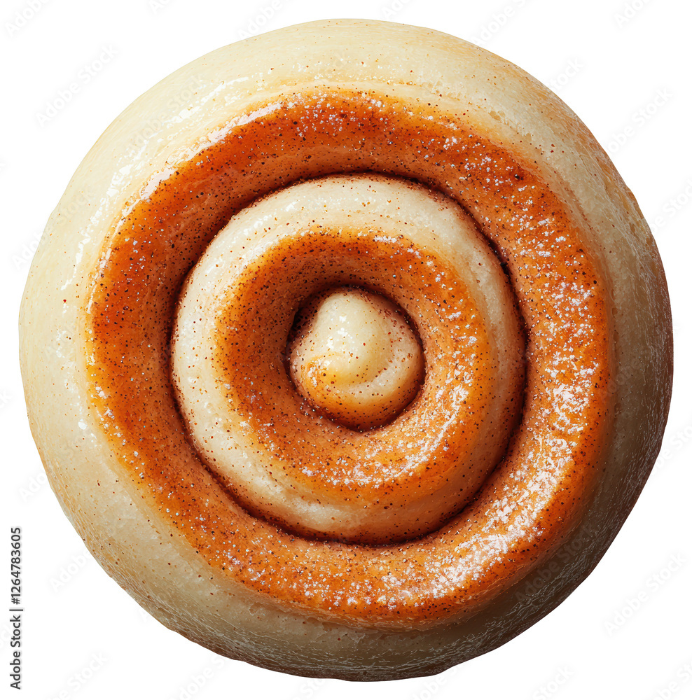 Poster top view of cinnamon roll with swirls of cinnamon on a transparent background