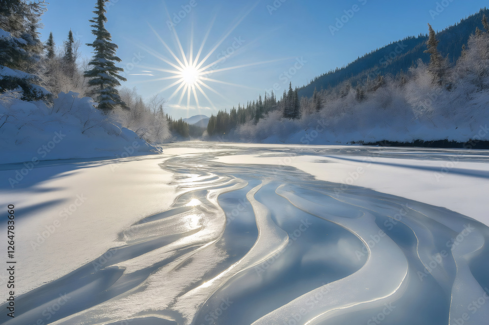 Poster snow covered river banks and trees frame a frozen river with intricate ice patterns shimmering under