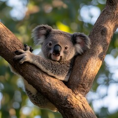 Fototapeta premium Koala resting eucalyptus tree branch sunny park wildlife