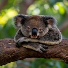 Fototapeta premium Koala resting on branch, eucalyptus forest, cute wildlife, nature documentary