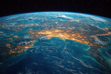 Fototapeta premium Bright city lights shine from Earth at night, showcasing urban patterns and coastlines from space
