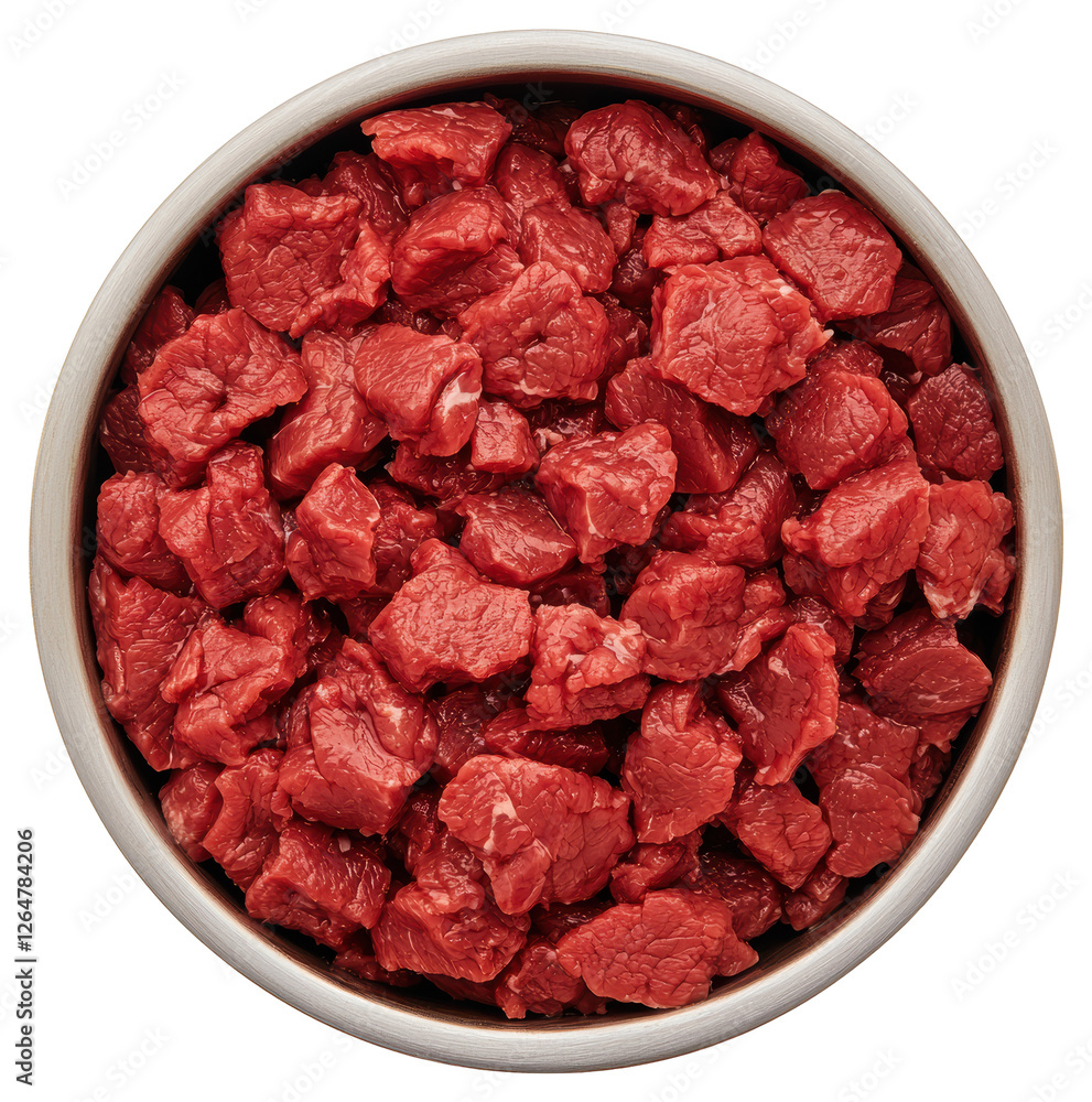 Poster top view of raw diced beef in a bowl on transparent background for culinary use