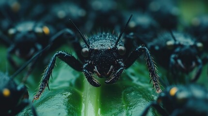 Fototapeta premium Close-up of a dark insect on a green leaf, surrounded by many similar insects.