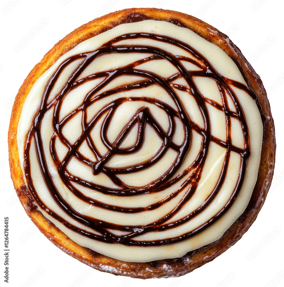Poster top view of round donut with white glaze and chocolate drizzle on transparent background
