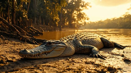Fototapeta premium Crocodile sunbathing on riverbank at sunset.