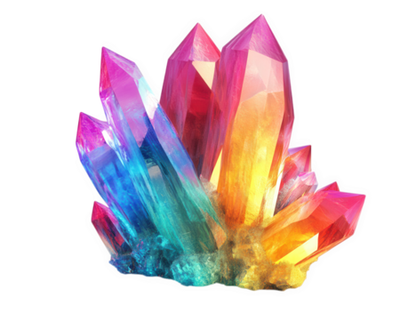 Brightly colored gemstone cluster with vibrant hues and sharp points, showcasing stunning array of colors. Perfect for decorative or artistic purposes
