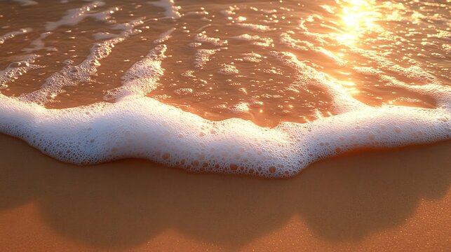 pristine sandy beach with gentle waves lapping at the shore.