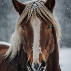 A horse&rsquo;s deep brown eyes peeking through a snowy forelock against a seamless background.