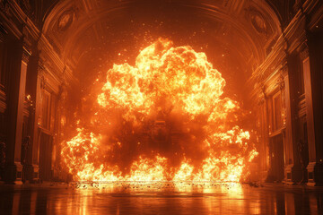 Naklejka premium Impressive explosion event within a grand hall, showcasing vibrant flames and debris during a dramatic moment